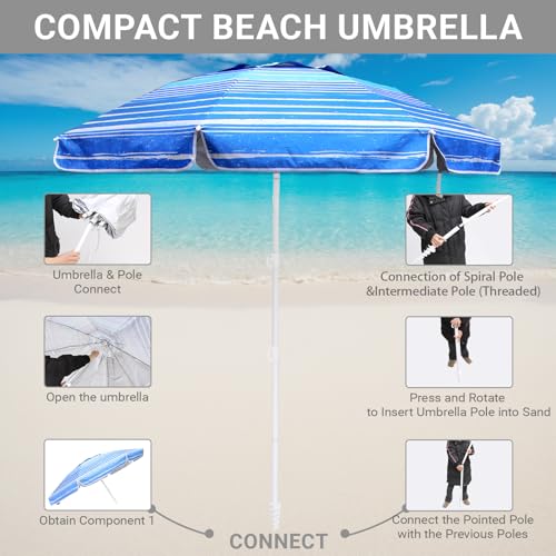 LOTTAFUN 6.5ft Beach Umbrella - Heavy Duty Wind Resistant UV 50+ Portable Sun Shade with Sand Anchor & Carry Bag, Outdoor Folding Umbrella for Beach, Pool, Patio, Garden (Blue Stripe) No Tilt - color: Blue Wave Stripe