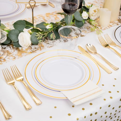 GATHER 176 Pieces Gold Dinnerware Disposable - White and Gold Plastic Plates Includes 50 Plates, 25 Plastic Silverware, 25 Napkins, 25 Cups and 1 Tablecloth for Wedding Party - color: Gold, size: 25 Guests