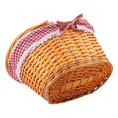 1 Pack 14.2 Inch Natural Wicker Basket with Checkered Lining, Oval Wicker Woven Basket with Handle, Willow Woven Picnic Baskets for Picnic, Camping, Party(Large) - size: 1 Pack 14.2in Natural