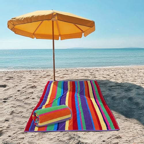 COTTON CRAFT Oversized Beach Towels - 2 Pack Summer of Siam XXL 35x84- The Big Kahuna 7 Foot Extra Large Beach Blanket Towel - Big & Tall - 100% Cotton Velour Plush Soft Luxury - Multi Color Stripe - color: Summer of Siam, size: 2 Pack - 35x84