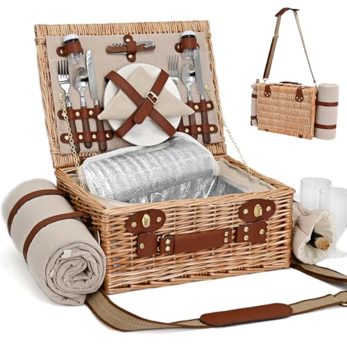 Picnic Basket with Blanket and Wine Pouch for 2, Wicker Picnic Set with Insulated Liner Cooler Bag Hamper for Camping,Wedding - Natural - color: Natural With Blanket for 2
