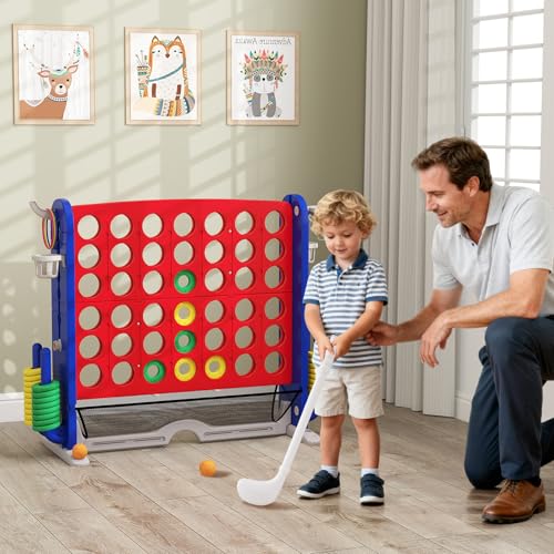 COSTWAY Giant 4 in A Row Connect Game Set, Height Adjust 4-to-Score Game with Mesh, Golf, Ring Toss Sets, Basketball & Cup Holders, Indoor Outdoor Yard Party Game for Kids Adults, Family (Red) - color: Red & Navy