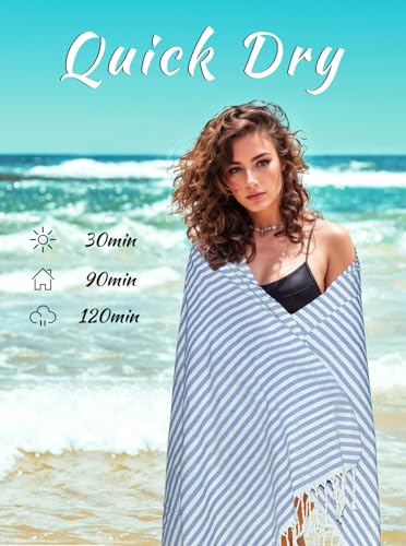 cabanana Turkish Beach Towel Oversized - 40"x70" Quick Dry Sand Free Thin Beach Towels for Adults,Extra Large Cotton Lightweigh Travel Towel for Beach Accessories (Blue) - color: Stripe Blue