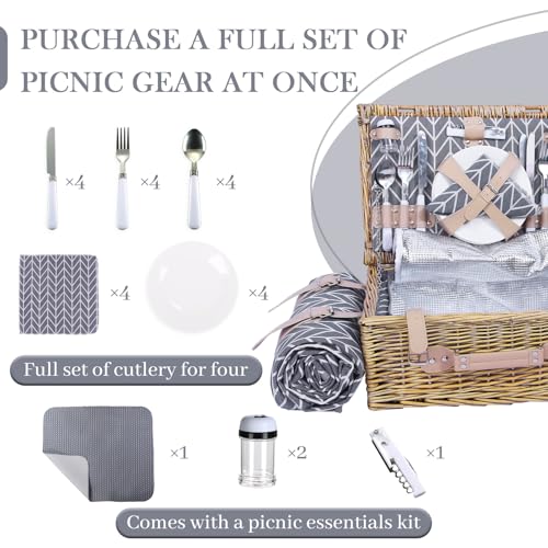 Neti Neti Wicker Picnic Basket for 4 with Insulated Cooler & Waterproof Blanket – Large Willow Picnic Hamper for Outdoor, Camping, Beach, Romantic Dates, Valentine’s Day - color: Gray Arrowheads