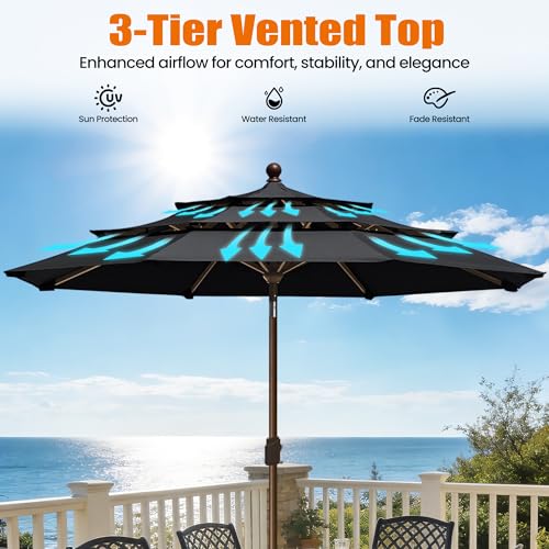 EliteShade USA 10-Year-Non-Fading 10ft 3-Tier Market Patio Umbrella, Commercial Grade Outdoor Table Umbrella with Crank Open, Windproof & UPF 50+ UV Protection, Heavy Duty Ventilation for Garden, Deck, Pool, Backyard, Beach & Bistro, Black - color: Black,