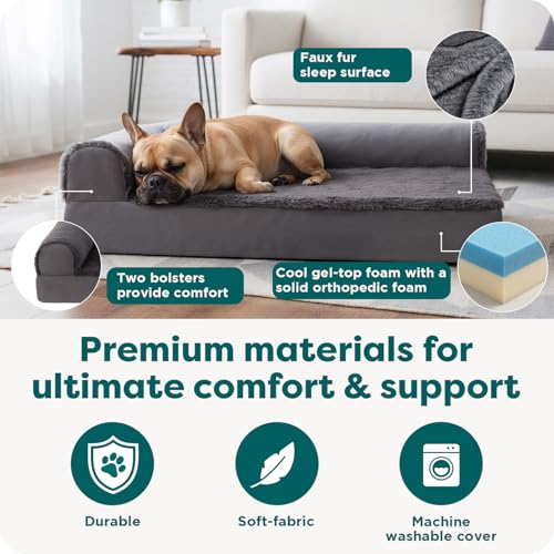 FurHaven Cooling Gel Dog Bed for Medium Dogs, L-Shaped Chaise with Cool Gel-Top Foam with a Solid Orthopedic Foam Base for Joint Support, Washable Cover, Medium, Plush & Velvet, Deep Sapphire - color: (Plush & Velvet) Deep Sapphire, size: Medium