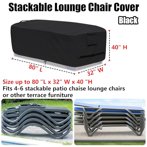 Outdoor Lounge Chair Covers for 4-6 Stackable Patio Chaise Lounge Chairs, Waterproof, Durable Polyester Fabric 80 x 32 x 40 Inch Pool Lounge Chair Covers for Winter Storage (Black) - color: Black, size: Stackable (80"L x 32"W x 40"H)