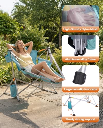 KingCamp Hammock Chair with Footrest – Heavy Duty Swinging Rocking Camping Chairs for Adults up to 400lbs, Folding Portable Oversized Rocker with Cup Holder & Pillow for Outdoor Beach Lawn RV Sports - color: Footrest Deluxe Cyan/Mesh