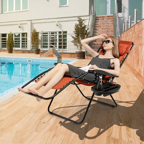 Giantex Zero Gravity Reclining Chair, Outdoor Patio Recliner with Cup Holder & Removable Pillow, Adjustable Backrest, Indoor Lounge Chair for Backyard, Garden, Poolside (Orange) - color: Orange, size: 1 Count (Pack of 1)