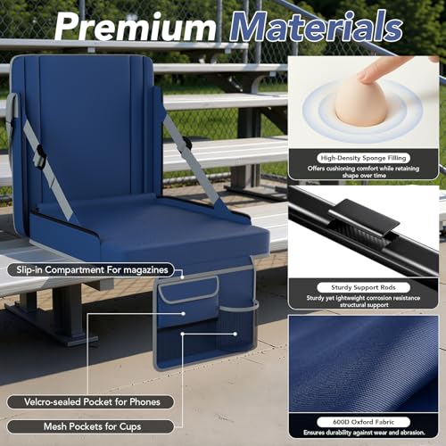 Stadium Seats with Back Support 1PACK Adjustable Bleacher Chairs with Back and Cushion Bleacher Seat with Cup Holder, Carry Handle & Shoulder Strap for Outdoor Sports Events, Picnics - color: Navy-1pc-xl-large
