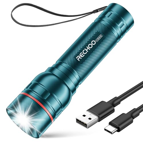 RECHOO Rechargeable Flashlight 1 Pack, Bright Military Grade Torch Light High Lumens with Adjustable Focus & 3 Lighting Modes, Lightweight Waterproof Led Flashlight for Camping Home, Teal Blue - color: Teal Blue, size: 1 Pack