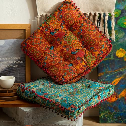 ELEFOCUS Orange Bohemian Seat Cushion,Indoor Boho Chair Cushions for Dining Chairs,Square Chair Pad,Decorative Seat Cushions for Kitchen Chairs (Orange Square 16X16) - color: Orange Square 16x16