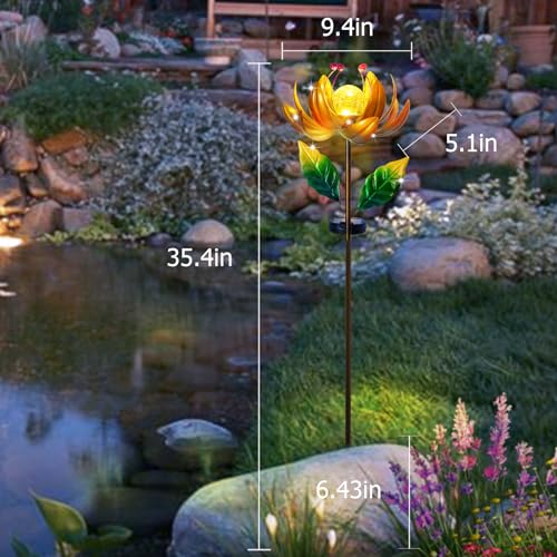 Solar Lights Wind Spinners for Yard and Garden - Metal Lotus Flower Windmills LED Crackle Glass Globe Outdoor Garden Decor Yard Art Lawn Ornament - color: Gold
