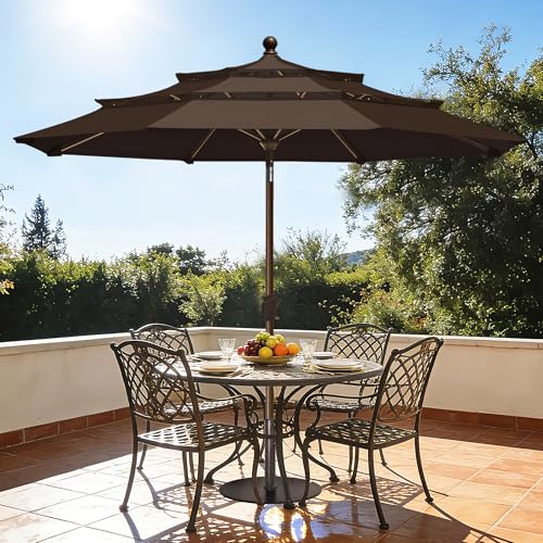 EliteShade USA 10-Year-Non-Fading 10ft 3-Tier Market Patio Umbrella, Commercial Grade Outdoor Table Umbrella with Crank Open, Windproof & UPF 50+ UV Protection, Heavy Duty Ventilation for Garden, Deck, Pool, Backyard, Beach & Bistro, Chestnut - color: Che