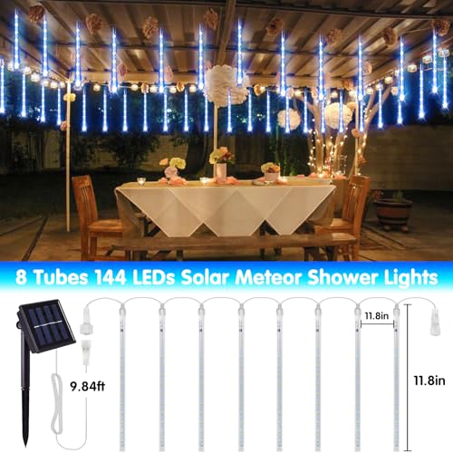 JMEXSUSS Blue and White Solar Meteor Shower Rain Lights, 30cm 8 Tube 144 LED Solar Christmas Lights for Party Holiday Yard Patio Decorations - color: Blue&White, size: 1*144LED