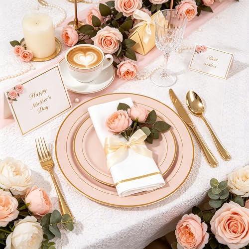 GATHER 700PCS Pink Plastic Plates - Gold Rim Disposable Plastic Dinnerware Set Include 200 Pink Plates, 300 Silverware, 100 Napkins, 100 Cups for Party & Wedding & Mother's Day - color: Pink, size: 100 Guests