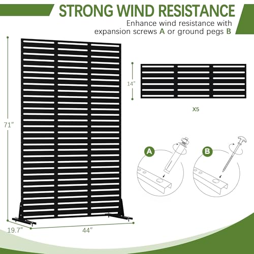 Cofar Metal Privacy Screen Outdoor 72" H×44" W -Black Freestanding Outdoor Privacy Panels with Stand, Decorative Fence for Patio, Deck, Balcony（Slatted） - style: 5-Panels Slatted_Black