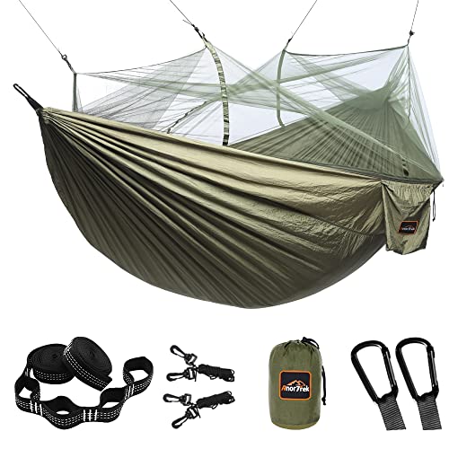 AnorTrek Camping Hammock with Mosquito Net, Double & Single Lightweight Portable Hammocks with Tree Straps, Parachute Hammock for Camping, Backpacking - color: Army Green, size: Single 102"L x 55"W