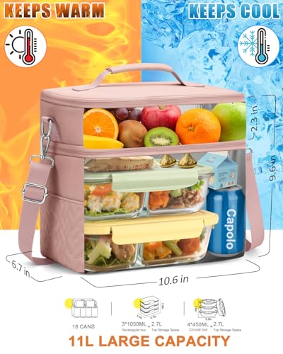 Capolo Lunch Box for Women Men Adults,Double Deck Insulated Lunch Bag Leakproof Lunch Cooler Box with Removable Strap Lunch Tote Bags Reusable Thermal Lunchbox for School Work Picnic(Large,Pink) - color: Pink, size: Large