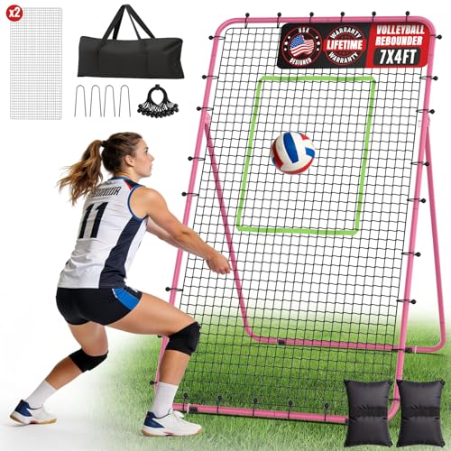 Suteck 7x4ft Volleyball Rebounder Net 2-Net System, 5-Angle Adjustable & Ultra-Durable Trainer for Spike, Serve, Passing & Solo Practice, Includes Storage Bag for Easy Travel & Portability - color: Pink