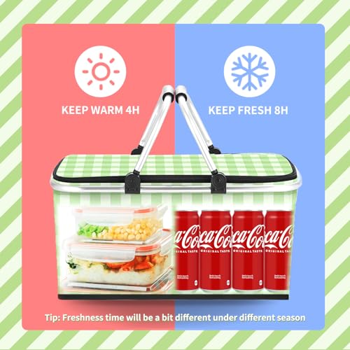 Insulated Picnic Basket, Leak-Proof Collapsible Cooler Bag, 2 Sturdy Handles, 26L Large Capacity Storage Basket for Outdoor Activities, Beach, Camping, Market Shopping,Travel
