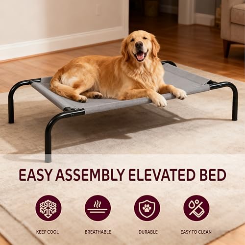 OUTSIDER Elevated Dog Bed with Breathable Mesh Fabric, Large Raised Pet Cot with Airflow and Support, Durable and Easy to Clean (Grey, Large) - size: Large
