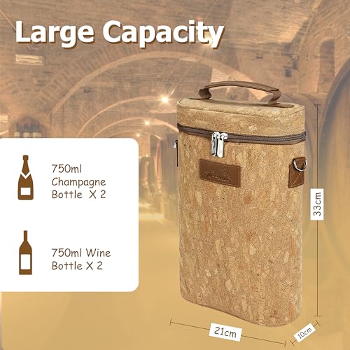 Tirrinia 2 Bottle Wine Gift Tote Carrier - Leakproof & Insulated Padded Versatile Wine Cooler Bag for Travel, BYOB Restaurant, Wine Tasting, Party, Dinner,Gift for Wine Lovers, Cork - color: Cork, size: 2 Bottle-without front pocket