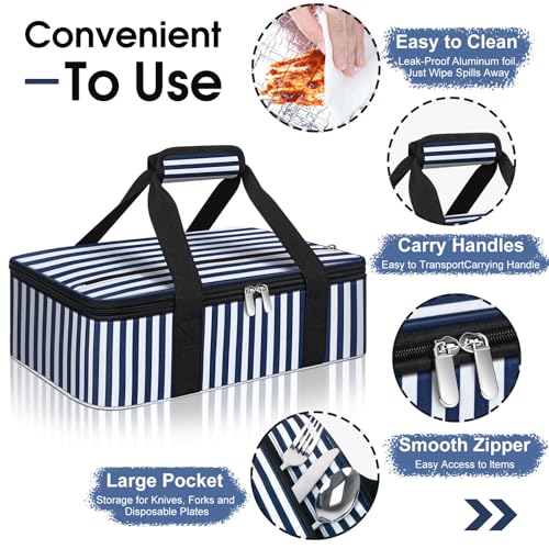 Insulated Casserole Carrier, Portable Casserole Carrier for Hot or Cold Food Lunch Tote Warmer or Cooler Bag, Lasagna Lunch Bag for Potluck Parties- Fits 9" x 13" Baking Dish-Blue Stripes - color: Blue Stripes, size: 16x10x4 in