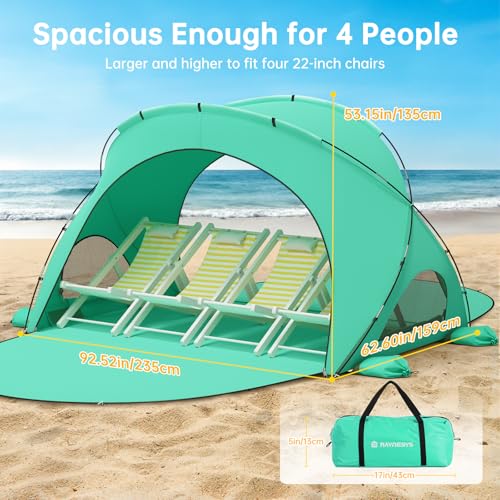 Raynesys Beach Tent Sun Shelter, Sun Shelter for 1-4 Person, Beach Shade Tent, Beaches Shade with 2 Zippered Doors, Portable Tents for Camping Fishing, Green - color: Green, size: For 4 Person