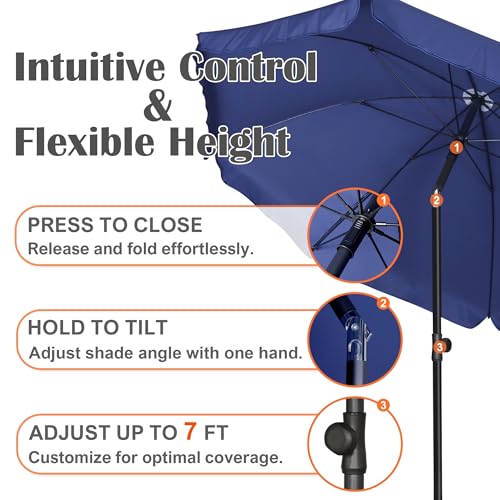 Blissun 6.5ft Patio Umbrella with Push Button Tilt & Height Adjustable, UV50+ Sun Protection with Sturdy Fiberglass Ribs & Iron Pole, Market Umbrella for Outdoor Table Garden Backyard Beach - color: Navy Blue