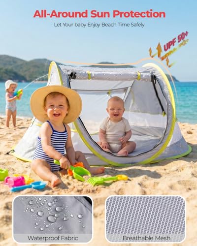 Poray Portable Baby Beach Tent with UPF 50+ Sun Shelter,Mosquito Net and Sunshade, Ideal Pop Up Kids Travel Tent with Carry Bag & 2 Stakes,Outdoor Indoor Play and Sun Protection - style: Large Deluxe Gray & Mat
