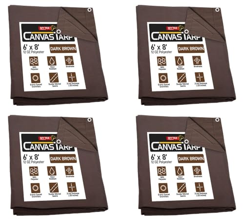 Mytee Products (4 Pack) 6' x 8' Dark Brown Canvas Tarp 12oz - Water Resistant & Breathable - Heavy Duty Tarps - Multipurpose Tarpaulin Cover for Camping Tent - color: Dark Brown (4 Pcs), size: 6' x 8'