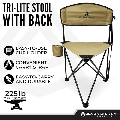 Black Sierra Tri-Lite Stool with Back Lightweight, Folding Chair, for in the Hunting Blind, Camping, and Fishing, Steel Frame Supports 225 LBS - color: Tan 2