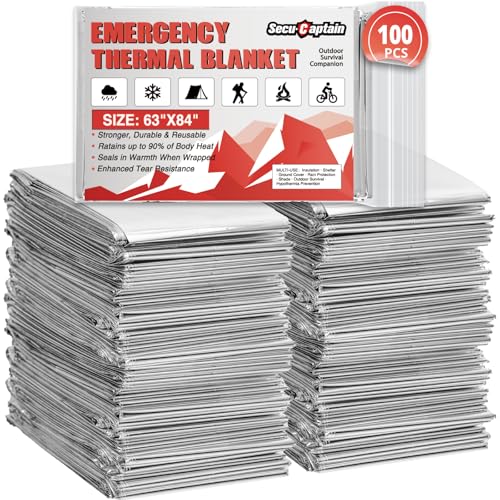 SecuCaptain Survival Emergency Thermal Blankets: 100 Pack Extra Large 84” x63” Space Mylar Blanket Kit for Outdoor Cold Winter Camping Hiking Car Bug Out Bag or First Aid - color: Sliver, size: 100 Pack