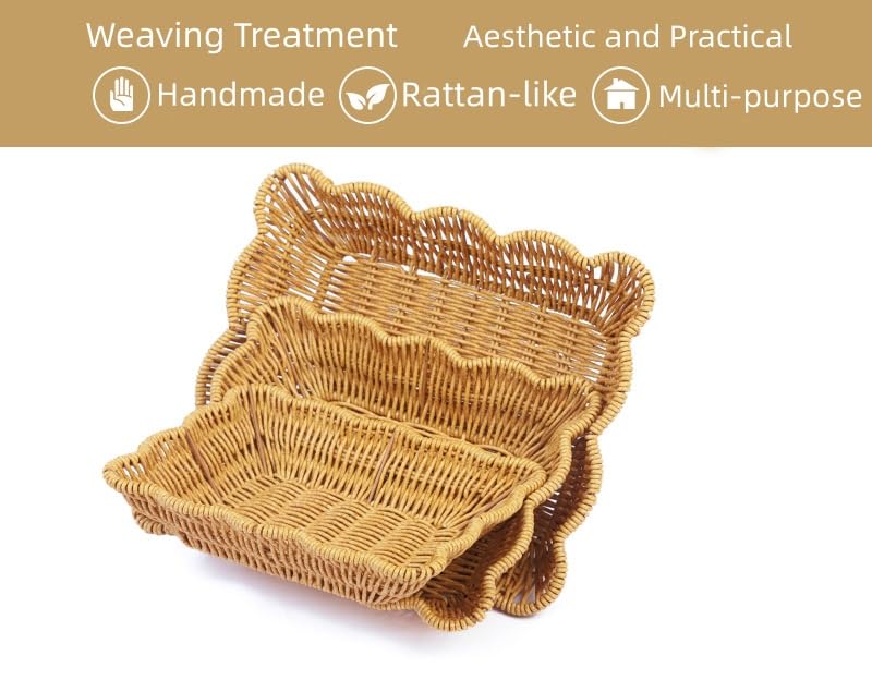 2Pack Wave Shaped Woven Dining Basket Imitation Rattan Fruit Baskets Shaped Picnic Basket Fruit Basket Table Tray Suitable for Family Gatherings Outdoor Camping and Gift Giving - size: 2