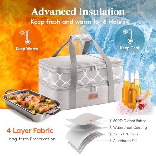Lifewit Insulated Double Decker Casserole Carrier, Expandable Lasagna Lugger Tote Bag for Hot or Cold Food, Fits 9" x 13" Baking Dish for Potluck Parties, Picnic and Cookouts, Grey-Geometric - color: Grey-geometric