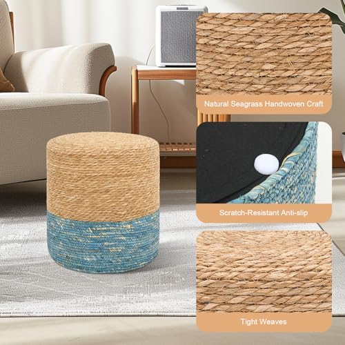 16'' Round Ottoman Natural Seagrass Braided Poof Hand Weaving Round Ottomans Boho Footrest Stool for Home Living Room Bedroom Patio(Natural&Blue) - color: Natural&blue