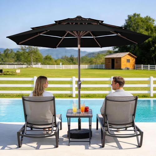 JEAREY 9FT 3 Tier Patio Umbrella Outdoor Market Umbrella Table Umbrellas with 8 Ribs 1.5 Pole Push Button Tilt and Crank UV Protection for Garden,Black - color: Black