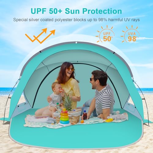 Gorich Beach Tent Sun Shelter with UPF50+ UV Protection for 1-2/3/4-5/6-7 Person, Lightweight & Portable Beach Shade Canopy with 2 Zippered Doors, Easy Setup Family Beach Umbrella - color: Turquoise, size: 6 Person