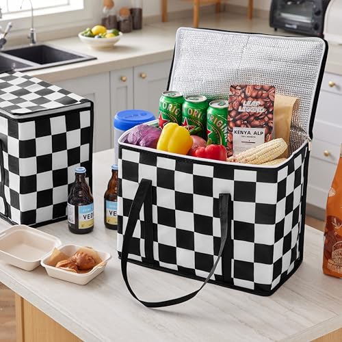 Ohocut Checkered Insulated Grocery Bags 2 Pack, Checkerboard Cooler Shopping Bags for Groceries, Insulated Bags for Food Delivery - color: Black and White