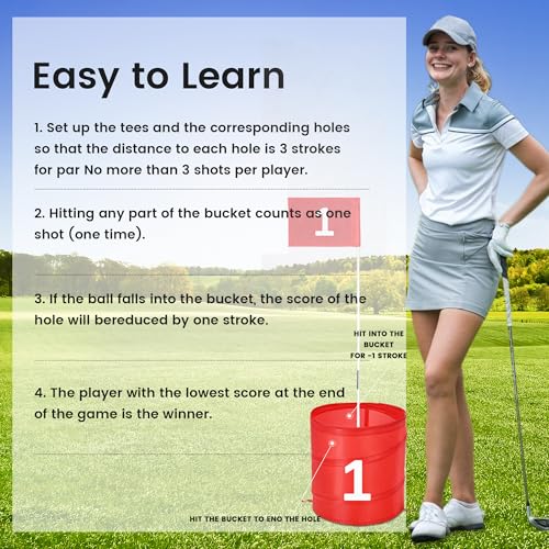 Golf Bucket Yard Game 9-Hole Set with 2 Clubs, Portable Outdoor Yard Game for Family and Adults, Golf Chipping Games Practice Games for Lawn, Beach, Camping, Park