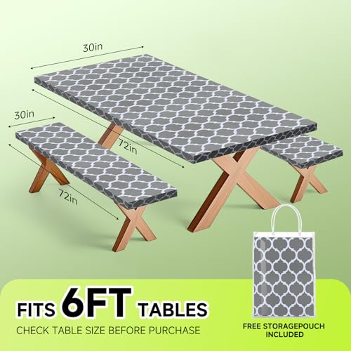 Picnic Table Cover with Bench Coversa nd Bag, Waterproof Windproof Elastic Fitted Tablecloth for 6 Foot Rectangle Tables，Washable with Elastic Edges for Outdoor Camping(Gray Moroccan, 30"x72") - color: Gray(moroccan)