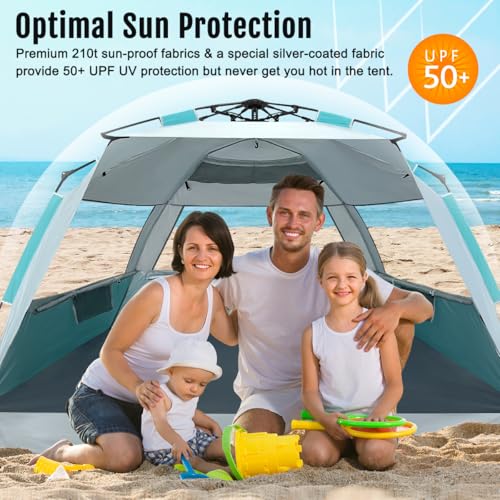 WhiteFang Deluxe Pop Up Beach Tent Sun Shade Shelter for 3-4/5-6 Person, UV Protection, Extendable Floor with 3 Ventilating Windows Plus Carrying Bag, Stakes, and Guy Lines - color: Mint Beige, size: X-Large