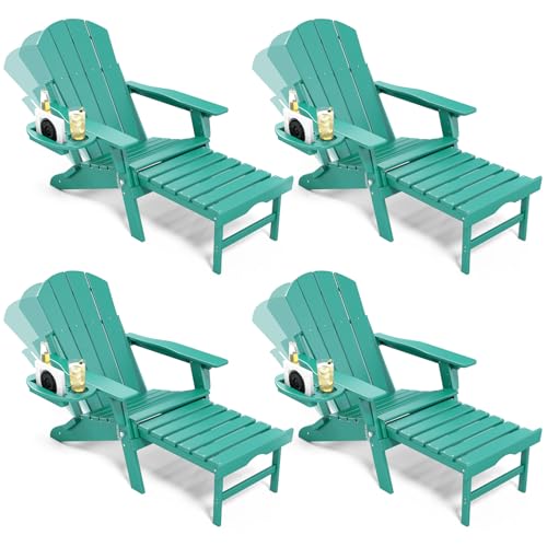 NAVINE Adjustable Adirondack Chair with Retractable Ottoman Set of 4, HDPE Folding Adirondack Chair with Cup Holder, All Weather Fire Pit Chair for Outdoor. - color: Lake Blue, size: 4 pcs