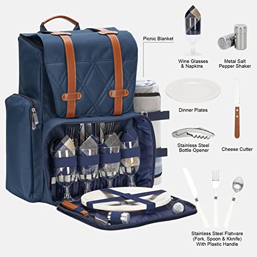 Picnic Backpack for 4 Person with Large Insulated Cooler Bag, Picnic Basket Set with Wine Pouch, Waterproof Picnic Blanket & Cutlery Set. Perfect for, Camping, Party