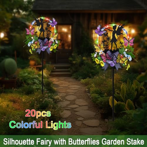 Solar Fairy Garden Decor, Silhouette Fairy with Butterflies Garden Stake,Waterproof for Outside,Walkway,Yard,Lawn,Patio - color: Black Fairy