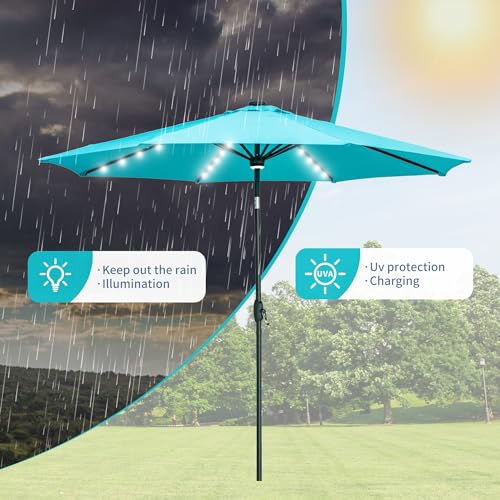 GDY 10Ft Patio Umbrella, Table Umbrella with 40 LED Lights, Outdoor Umbrellas for Patio, with Tilt and Crank, Center Light, for Garden, Deck, Backyard, Pool, and Beach. - color: Blue