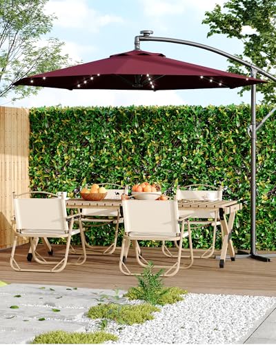 Jojoka 10FT Cantilever Patio Umbrella with Solar LED Lights - Offset Outdoor Umbrella - Easy Lift & Tilt - UV Protection - Fade Resistant - Ideal for Deck, Pool, Garden - color: Wine Red