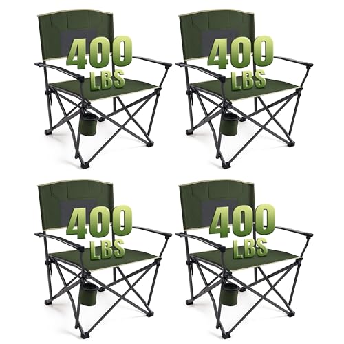 Folding Camping Chairs for Adults Heavy Duty Plus Size Camping Chairs 400 lb Steel Frame Metal Arm Lawn Chairs with Cup Holder, Extra Large Camp Chair for Outdoor Sports, Green 4 Pack (2 Pack x 2) - color: Green-4 Pack