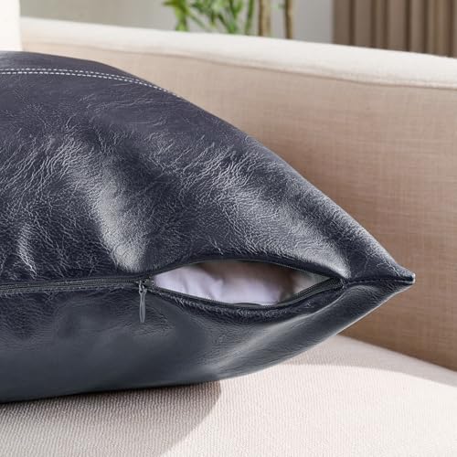 Fancy Homi 2 Packs Navy Blue Lumbar Waterproof Faux Leather Decorative Throw Pillow Covers 12x20 Inch for Outdoor Couch Bed, Modern Farmhouse Boho Home Decor, Blue Hand Stitched Cushion Case 30x50 cm - color: Navy Blue, size: 20" x 12" (Pack of 2)